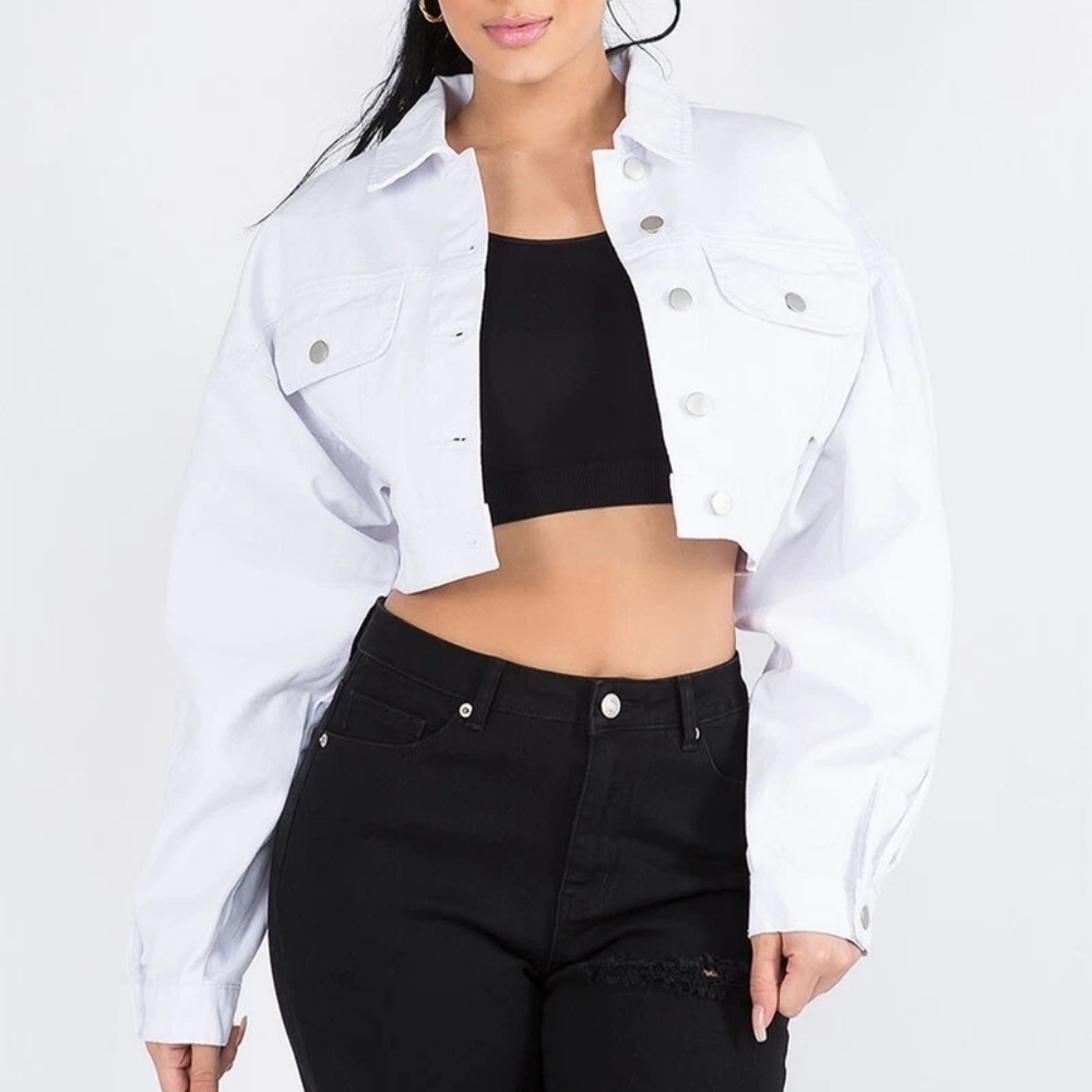 Forever 21 White Cropped Denim Jacket | American Bazi | Size Small